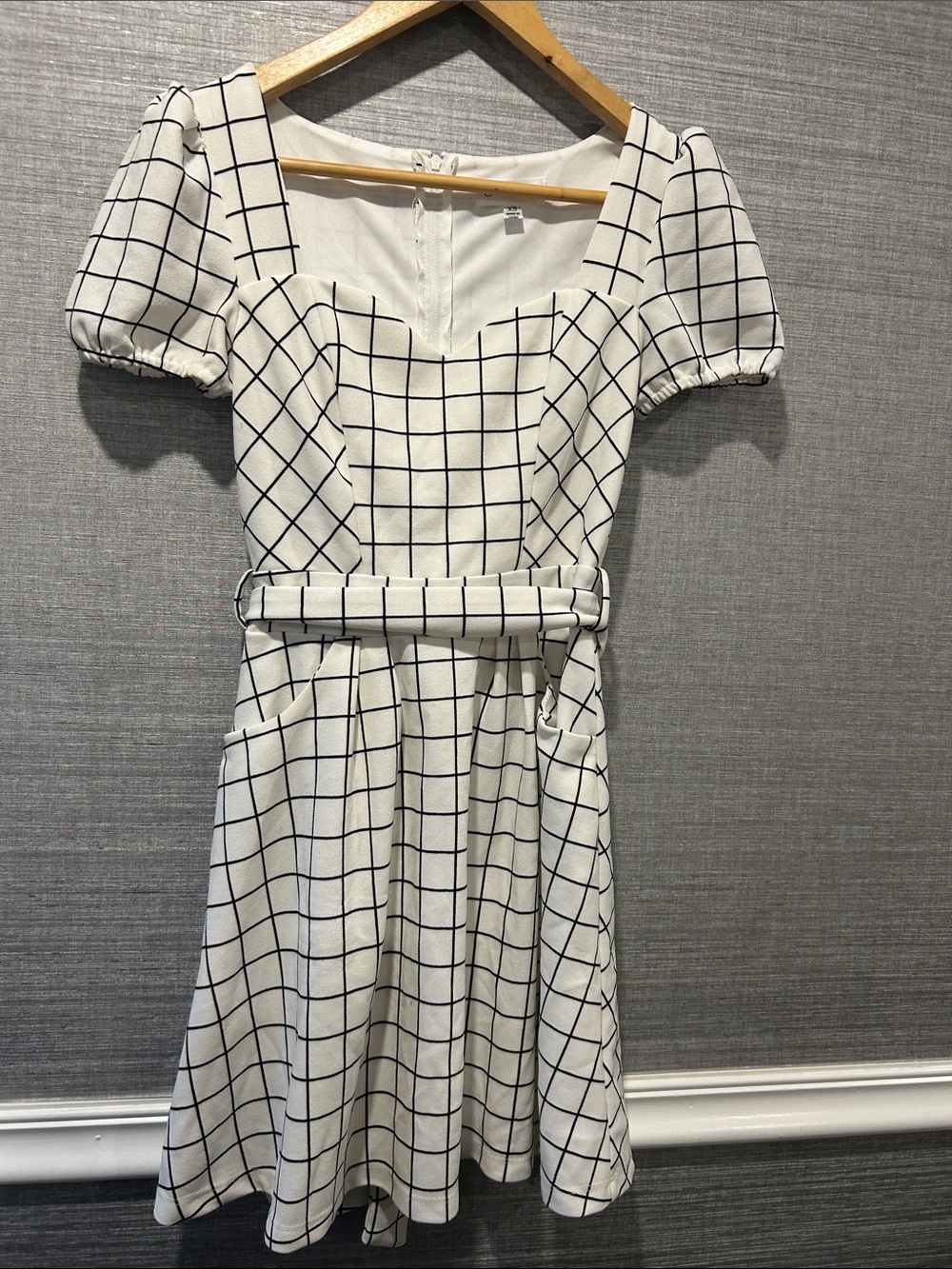 Emerald Sundae White and Black Windowpane Belted Mini Dress